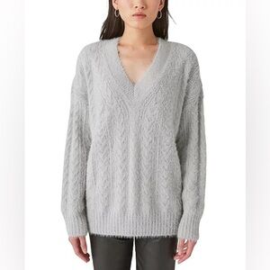 Lucky Brand cable knit v-neck eyelash sweater gray womens size large winter cozy